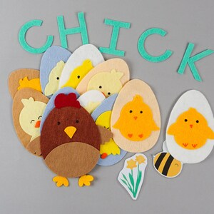 CHICK bingo felt board for spring, with laminated flower and bee.