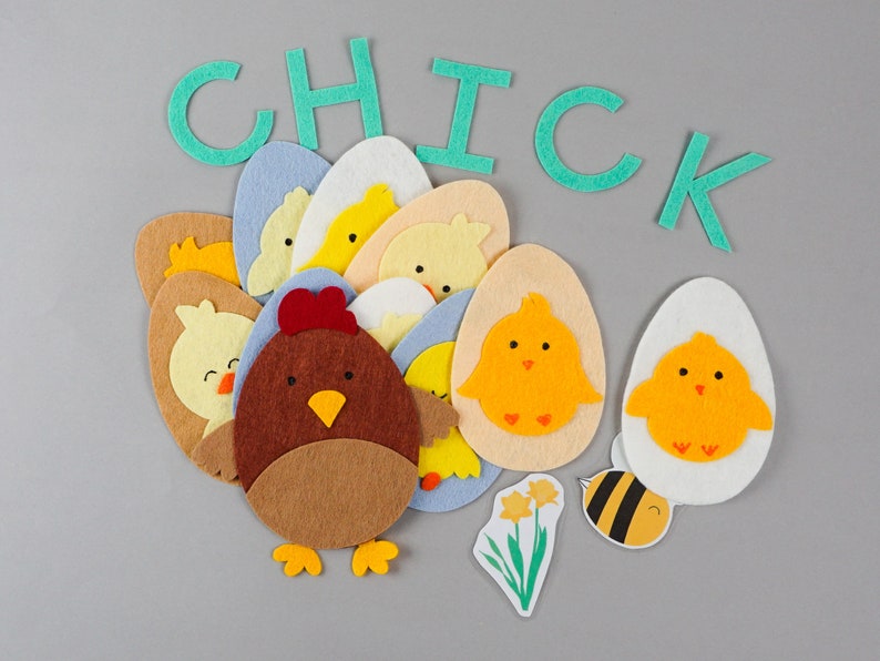 CHICK bingo felt board for spring, with laminated flower and bee.