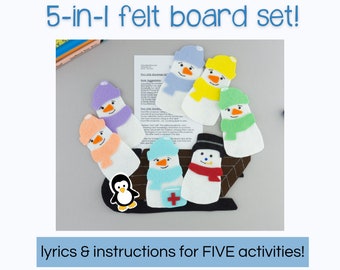 5-in-1 Flannel Board Story Snowman Set, Library Storytime Snowman & Winter Felt Board Story Rhyme, Five Little Snowmen Preschool Felt Story