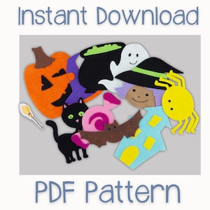 May include: A PDF pattern for felt Halloween characters, including a pumpkin, witch, ghost, spider, bat, cauldron, and house. The characters are in various colors, including orange, purple, black, green, yellow, and pink.