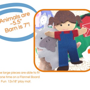 May include: A felt play set with a red barn, a girl doll, a white lamb, and a yellow chick. The text on the blue speech bubble reads "Animals are ~5.5" Barn is 7"!"