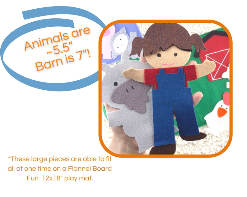 May include: A felt play set with a red barn, a girl doll, a white lamb, and a yellow chick. The text on the blue speech bubble reads "Animals are ~5.5" Barn is 7"!"
