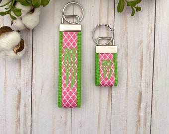 Pink/Lime Quatrefoil Monogrammed Ribbon Key Fob Wristlet/ Mini Ribbon Monogrammed Key Fob