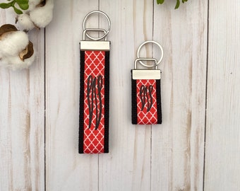 Red/Black Quatrefoil Monogrammed Ribbon Key Fob Wristlet/ Mini Ribbon Monogrammed Key Fob