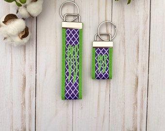 Purple/Green Quatrefoil Monogrammed Ribbon Key Fob Wristlet/ Mini Ribbon Monogrammed Key Fob