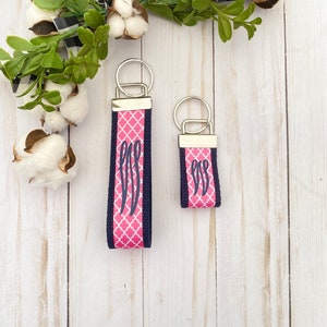 Pink/Navy Quatrefoil Monogrammed Ribbon Key Fob Wristlet/ Mini Ribbon Monogrammed Key Fob