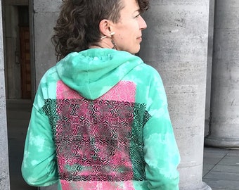 mint green upcycling hoodie size S, hand-printed with psychedelic pattern, fluorescent unique piece, neon pink-black print, festival wear