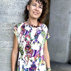 handmade colorful shirt size S-M, colorful deer pattern, designer unique, flowing viscose jersey, waterfall neckline, animal motif