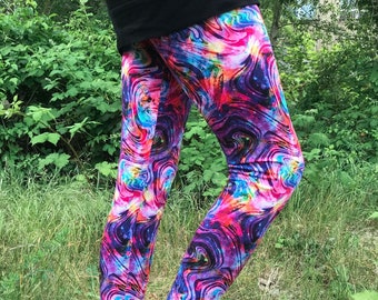 colorful leggings S/Meter made of cotton jersey, handmade unique piece with brightly colored fluid pattern, PsyWear, unique festival fashion