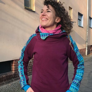 burgundy-turquoise handmade Mexico hoodie size S/meter, very large lined hood, designer ethnic unique piece, Mexican fabric, hoodie