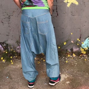 handmade thin unisex denim harem pants with fluorescent curved seams, unique with pockets, rave/festival pants, aladdin pants