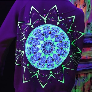 Peut inclure: Un sweat-shirt violet foncé avec un motif géométrique vert et bleu. Le motif présente un grand cercle avec un motif complexe de lignes et de formes.
