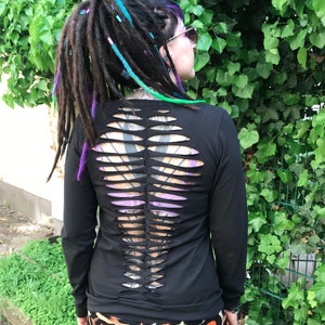 Black cut-out long sleeve size L, upcycled unique piece, elaborately reworked long sleeve shirt, festival outfit, alternative streetwear, hippie
