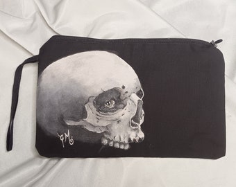 Stofftasche, Handtasche, Federmäppchen, Kulturbeutel, Totenkopf, handbemalt