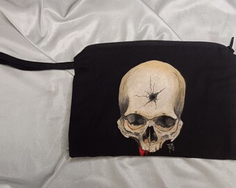 Stofftasche, Handtasche, Federmäppchen, Kulturbeutel, Totenkopf, handbemalt