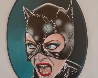 Catwoman – Michelle Pfeiffer Inspired Oil Painting – Oval MDF Portrait – Gothic and Cinephile Art
