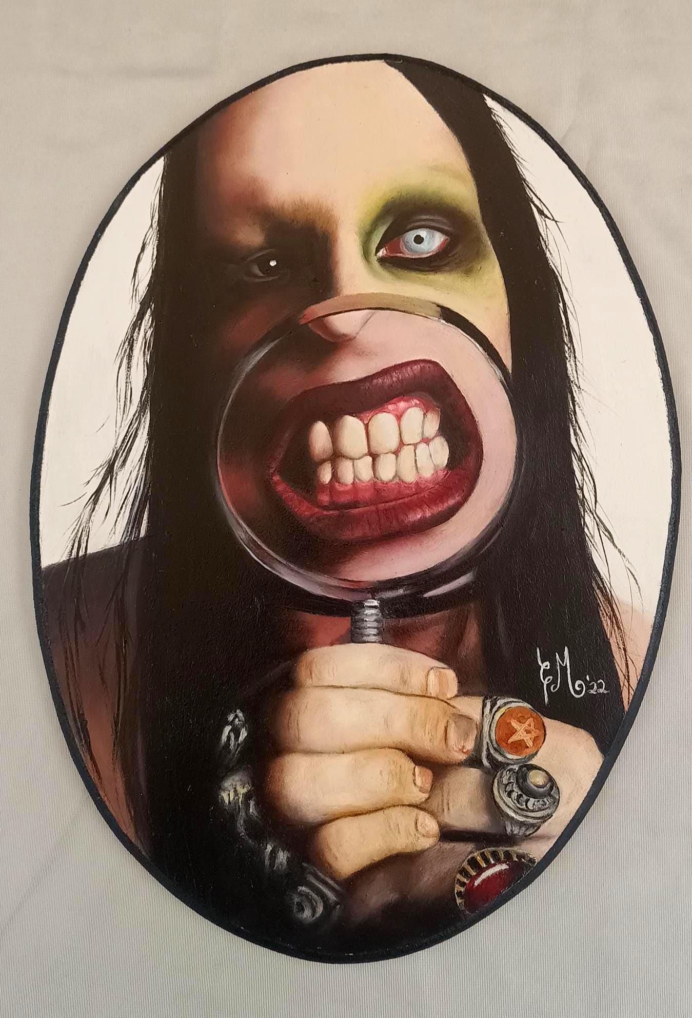 Marilyn Manson Oil Painting Portrait – Dark Art on Oval MDF – Handmade Realistic Fan Art – Gothic Painting