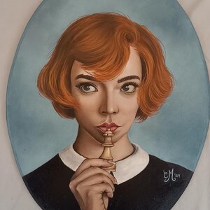 Beth Harmon Portrait – Queen&#39;s Gambit Inspired Oil Painting – Realistic Oval MDF Painting – Netflix Chess Fan Art