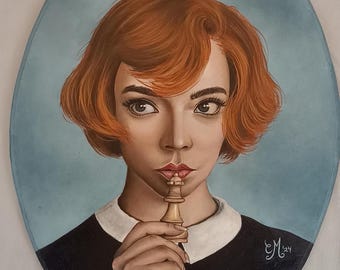 Portrait of Beth Harmon – Oil painting inspired by The Queen's Gambit – Realistic painting on oval MDF – Netflix Chess Fan Art