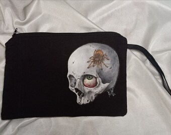 Stofftasche, Handtasche, Federmäppchen, Kulturbeutel, Totenkopf, handbemalt