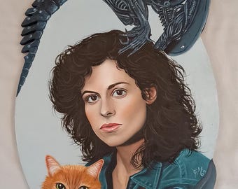 Alien – Portrait of Ellen Ripley with Xenomorph and Cat – Oil Painting on Milled MDF – Sci-Fi Cult Cinema Fanart