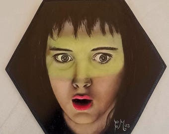 Portrait of Lydia Deetz – Winona Ryder in Beetlejuice – Gothic oil painting in hexagonal format – Film-inspired art