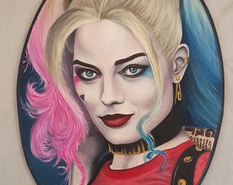 Hand-Painted Harley Quinn Painting | Original Art on Wood | Realistic Style, Margot Robbie, Oil Portrait, DC Comics Fan Painting