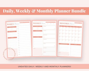 Undated Daily, Weekly, Monthly Planner Printable Bundle (Digital Download)