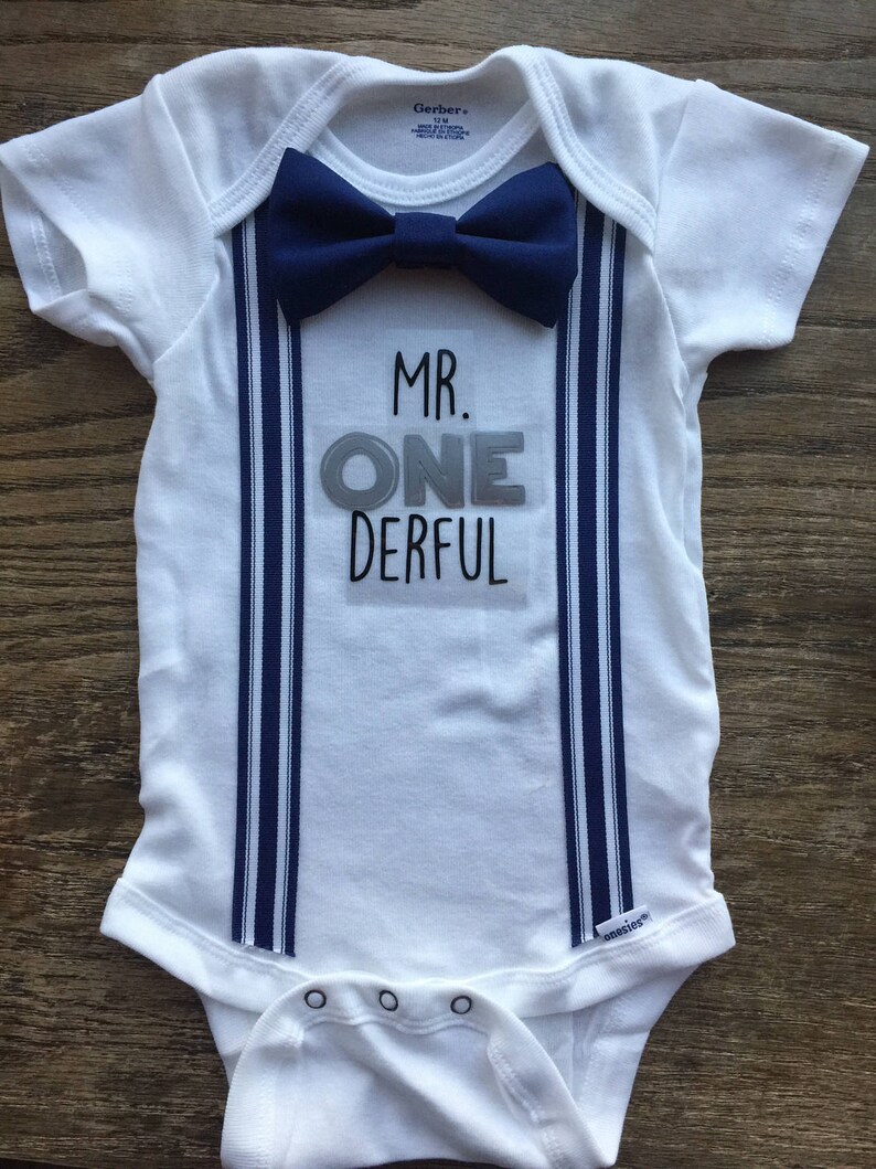 First Birthday Mr Onederful onesie with suspenders and a