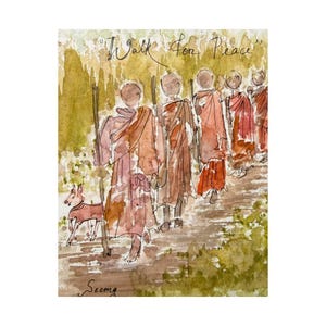 Monks Walking Watercolor Matte Vertical Poster | Spiritual, Serene Wall Art