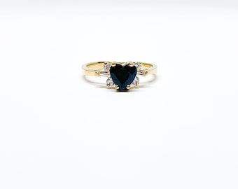 Sterling silver ring with heart shaped sapphire, baguette and round cubic zirconia / September birthstone ring