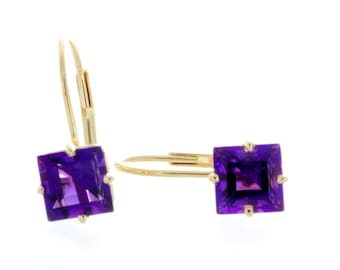 Square 14K Yellow Gold Amethyst Leverback Earring ; Purple gemstone earring ; February birthstone earring ; hoop earring ; simple earring