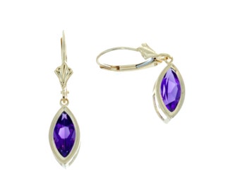 Marquise 14k Yellow Gold Hanging Amethyst Leverback Earring ; February birthstone earring ; Simple earring ; gemstone earring ; purple gem