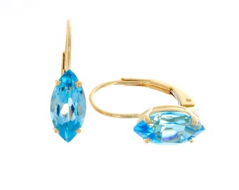 Marquise 14K Yellow Gold Swiss Blue Leverback Earring ; gemstone earring ; hoop earring ; gold earring ; December Birthstone