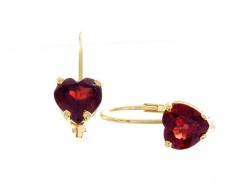14k yellow gold Heart Shaped Hanging Garnet Leverback Earring  ; January Birthstone earring ; heart drop earring ; Red gemstone earring