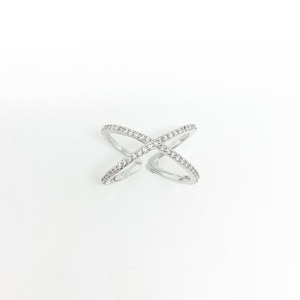 Criss Cross Ring X Ring; Silver X Ring ; Crossover Ring ; Silver Crisscrossing Band ; Dainty Ring with Cubic Zirconia ; crossover ring