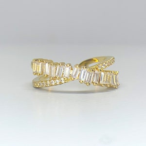 X Ring With Baguettes ; criss cross ring ; cross over ring ; adjustable ring
