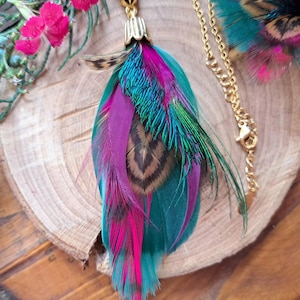 Collier en plumes naturelles chaîne acier inoxydable réglable - pendentif plume - demi-lune - élégant- délicat- cadeau femme - sautoir