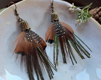 Pheasant feather earrings jewelry in natural feathers and semi-precious pearl - colorful and autumnal - women's gift - elegant