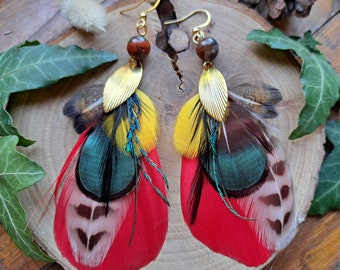 Boucles d'oreille plumes de paon - bijoux en plumes naturelles et perle de verre - colorées et feuilles - cadeau femme Noël - élégante