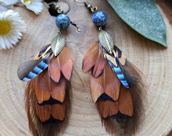 Boucles d'oreille plumes de paon - bijoux en plumes naturelles et perle de verre - colorées et feuilles - cadeau femme Noël - élégante