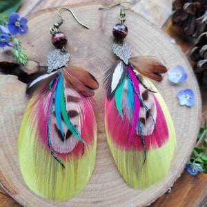Boucles d'oreille plumes de paon bijoux en plumes naturelles et perle de verre colorées et feuilles cadeau femme Noël élégante image 7