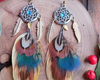 Boucles d'oreille plumes marron turquoise - bijoux en plumes naturelles - attrape rêve - cadeau Noël  femme - élégante - country - ethnique