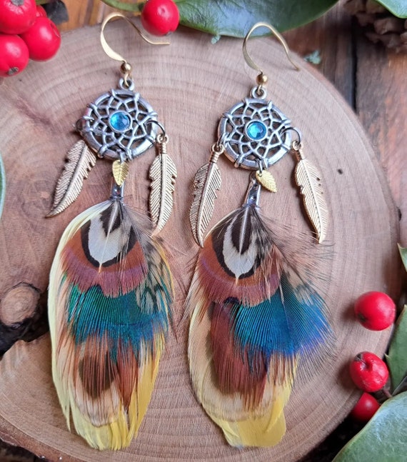 Boucles d'oreille plumes marron turquoise bijoux en plumes naturelles  attrape rêve cadeau Noël femme élégante country ethnique -  France
