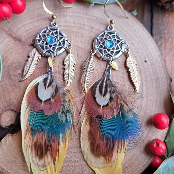 Boucles d'oreille plumes marron turquoise - bijoux en plumes naturelles - attrape rêve - cadeau Noël  femme - élégante - country - ethnique