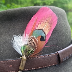 Può includere: Una piuma rosa, verde e marrone con uno spillo dorato attaccato a un cappello marrone.