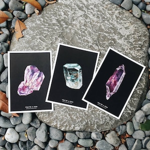 You Are A Gem Postcard Series (Set of 3), Amethyst, Aquamarine Card, Watercolour Illustration, Gemstone art, Crystal gem stone card, Crystal