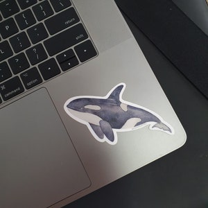 Op de afbeelding: Een zwart-witte aquarel sticker van een orka op een zilveren laptop.