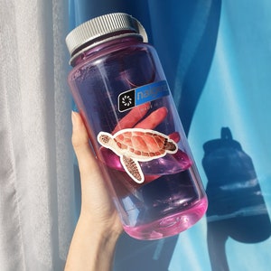 Op de afbeelding: Een roze Nalgene waterfles met een zeeschildpad sticker aan de zijkant. De fles is gemaakt in de VS.