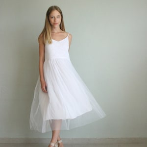 Elopement Wedding Dress, White Midi Dress, Unique Tulle Dress, Lace Bridal Gown, Tutu Dress, Beach Open Back Dress, Bachelorette Party Dress